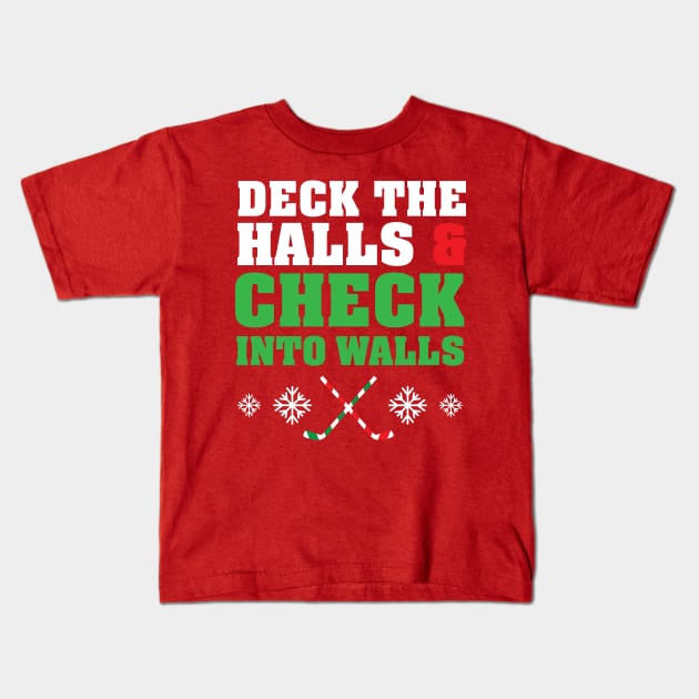 Funny Ice Hockey Christmas Candy Cane Stick Deck The Halls Kids T-Shirt by PodDesignShop